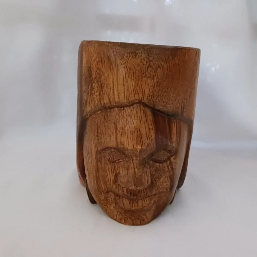 Vintage Wood Wooden Tiki Face Head Figural‎ Mug Cup Hand Carved Handle 5